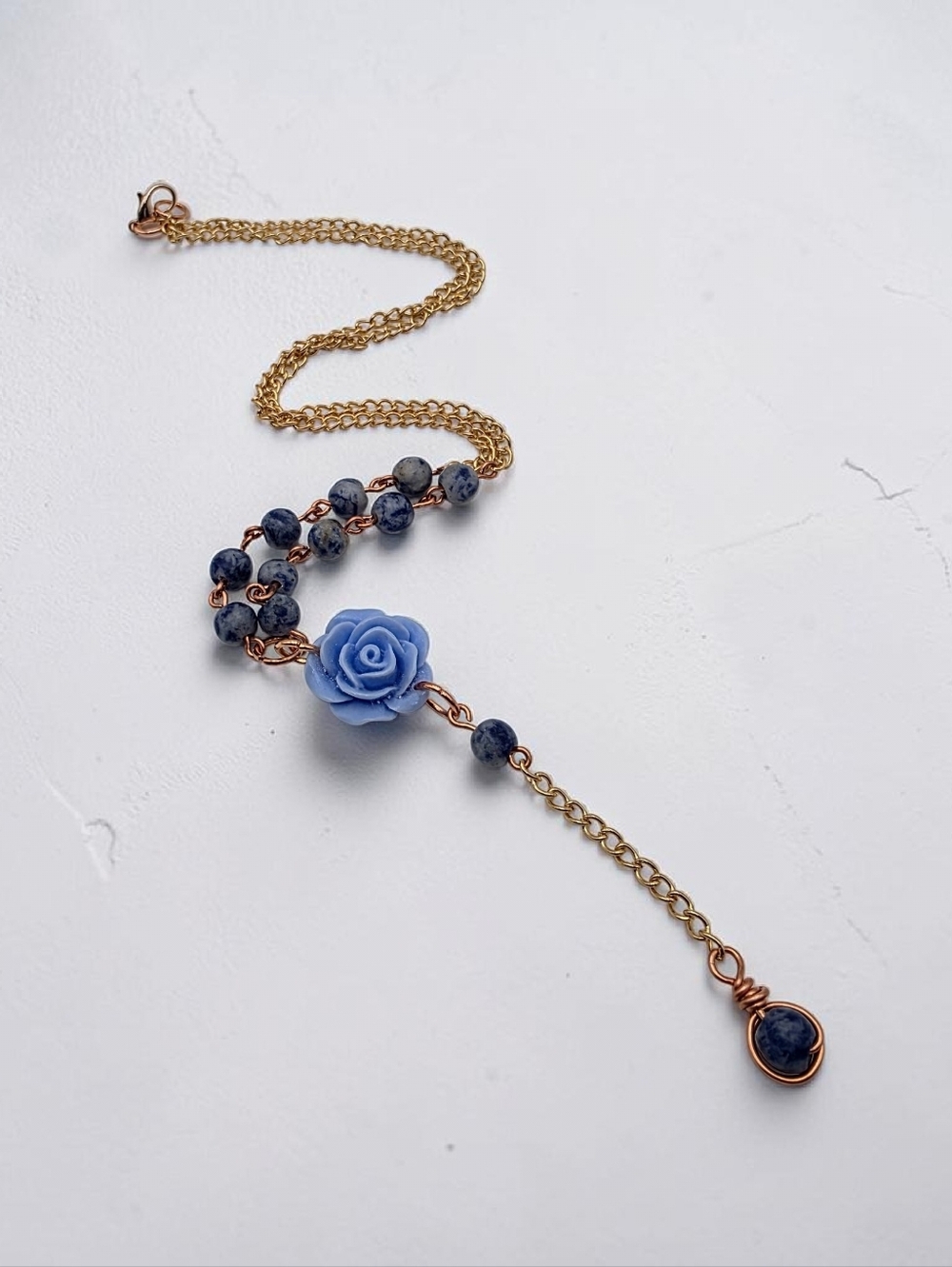 Blue Rose Pendant Lariat Necklace Blue Sodalite Beaded Elegant Jewelry
